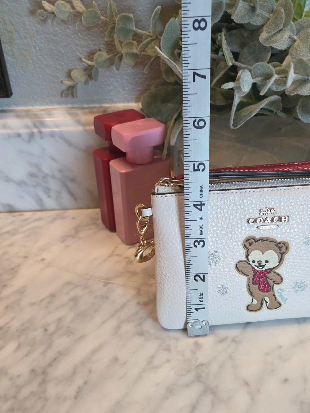 EUC Coach Novelty White Pebbled Leather Bear Wristlet with Red Strap